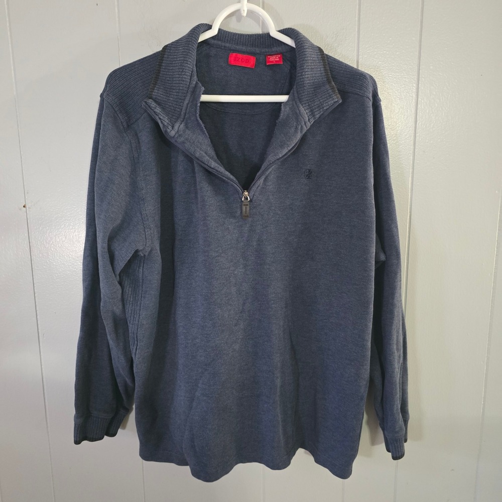 IZOD Quarter Zip Pullover Mens L Blue‎ 100% Cotton Mock Neck Ribbed Knit Sweater